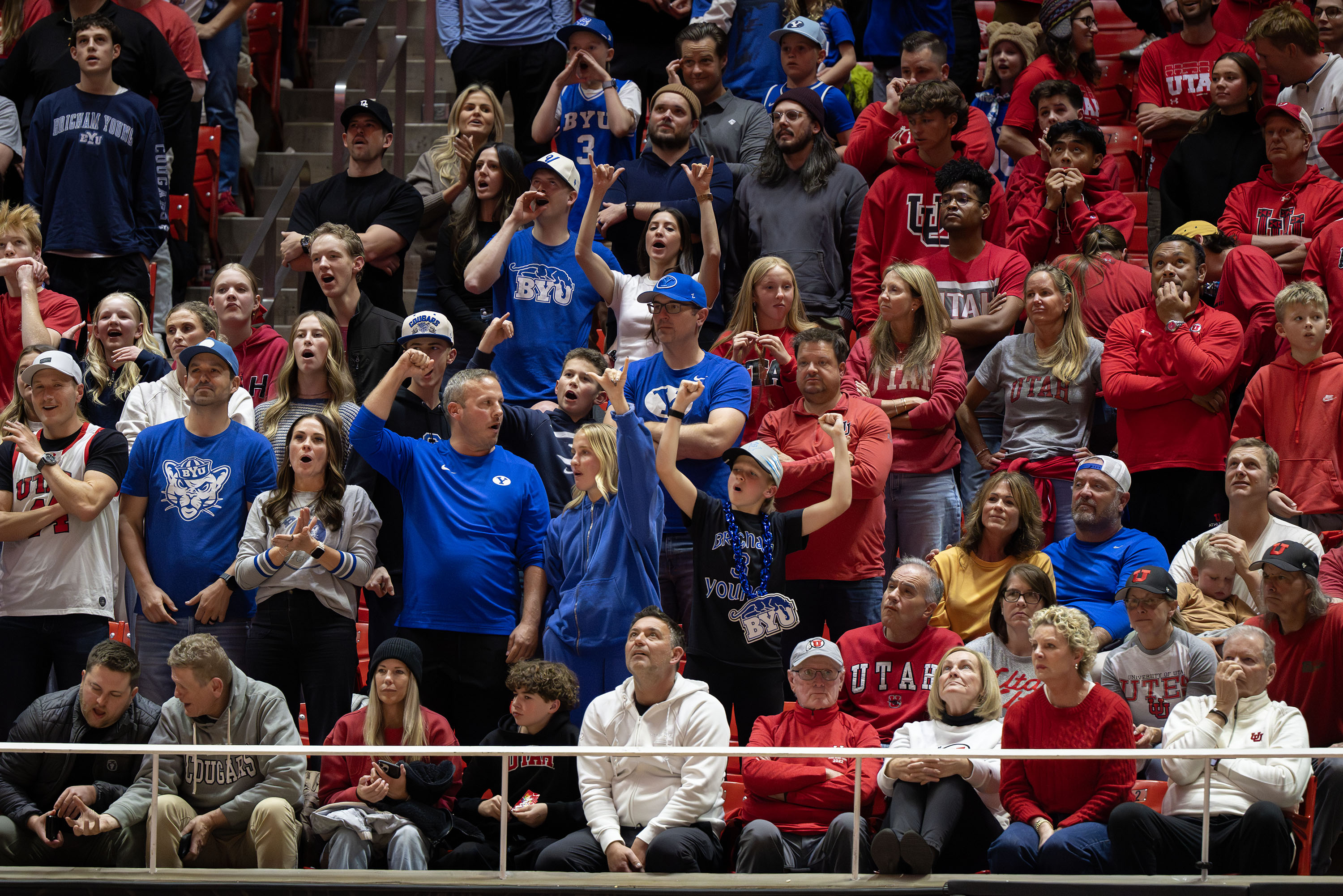 BYU Cougars fans cheer as Utah Utes fans turn upset as Utah and BYU play at the Huntsman Center in in Salt Lake City, on Saturday, Jan. 10, 2026.