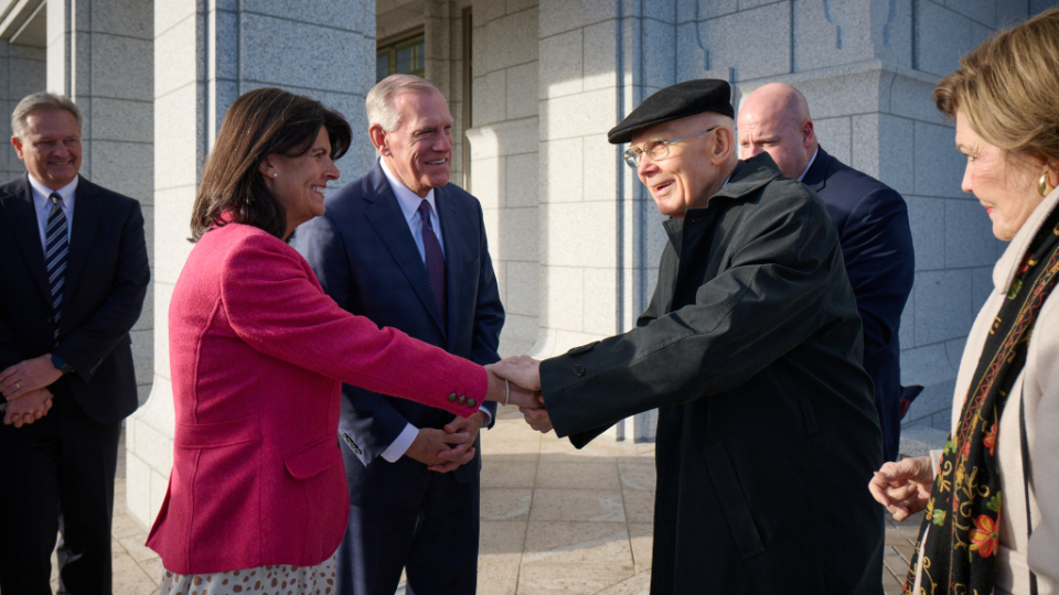 President Dallin H. Oaks greets Susan Bangerter, wife of Elder Steven R. Bangerter, at the Burley Idaho Temple on Saturday. President Oaks dedicated the temple on Sunday.