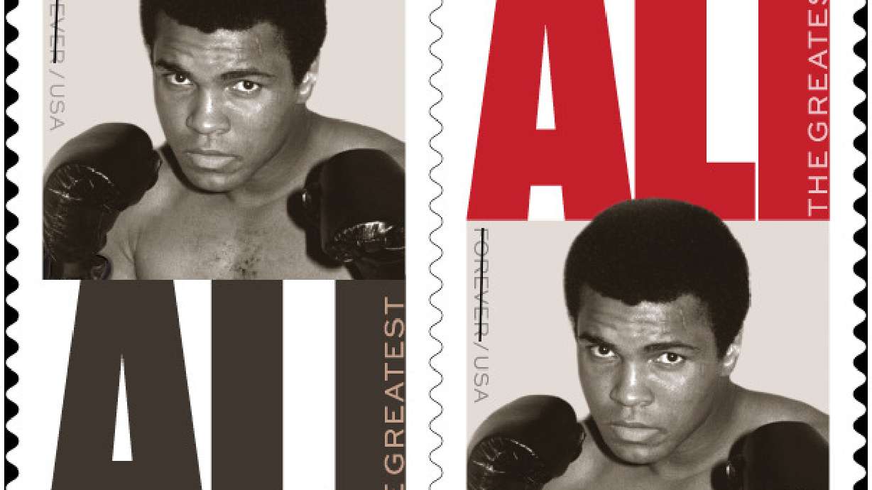 This image released by the United States Postal Service shows a commemorative Muhammad Ali stamp featuring a 1974 Associated Press photo of Ali.