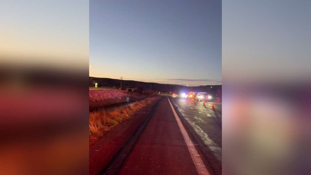 Police cars are seen after a fatal crash in St. George on Monday.