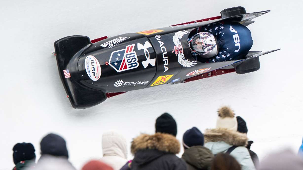 Kristopher Horn/ Carsten Vissering of the USA in action during the Men's 2-Bob World Cup, in St. Moritz, Switzerland, Saturday, Jan. 10, 2026.