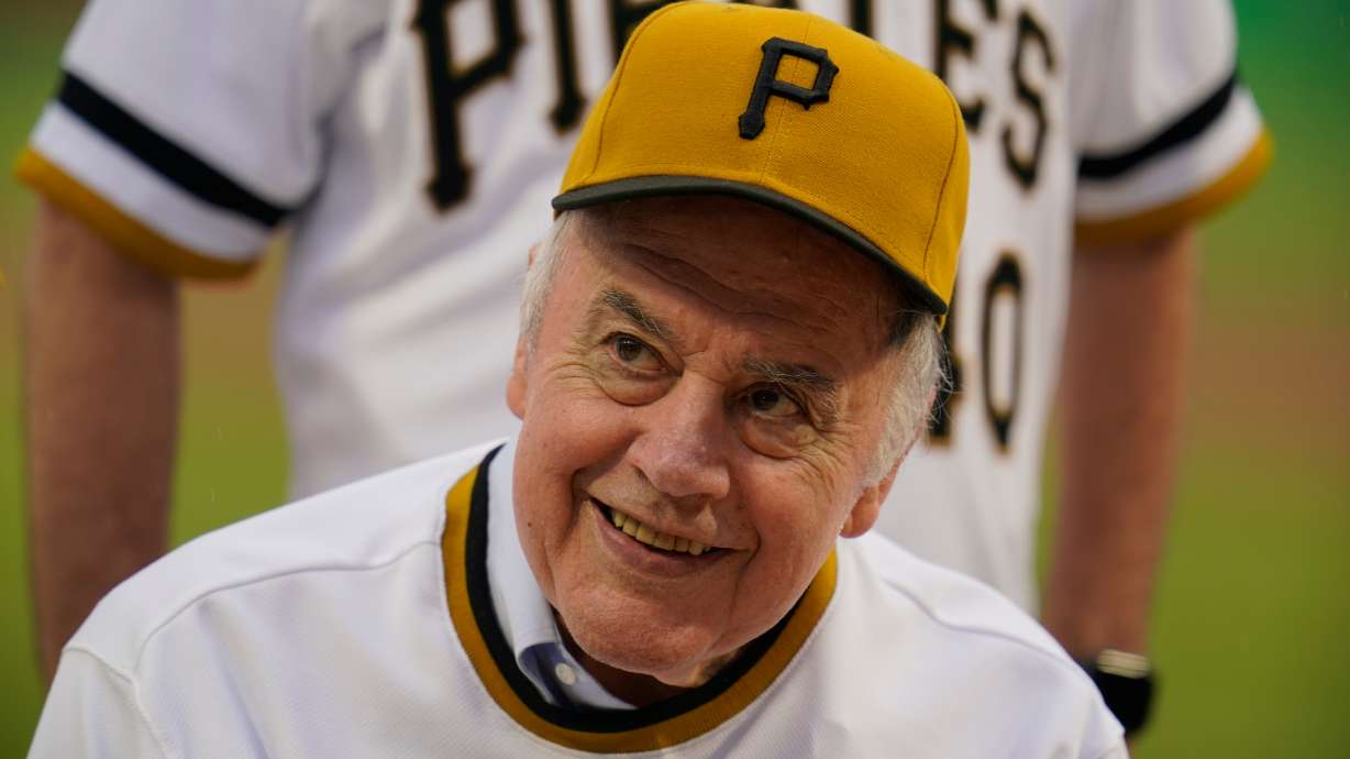 FILE - Pitcher Dave Giusti, a member of the 1971 World Champion Pittsburgh Pirates, takes part in a celebration of the 50th anniversary of the championship season before of a baseball game between the Pittsburgh Pirates and the New York Mets in Pittsburgh, July 17, 2021.