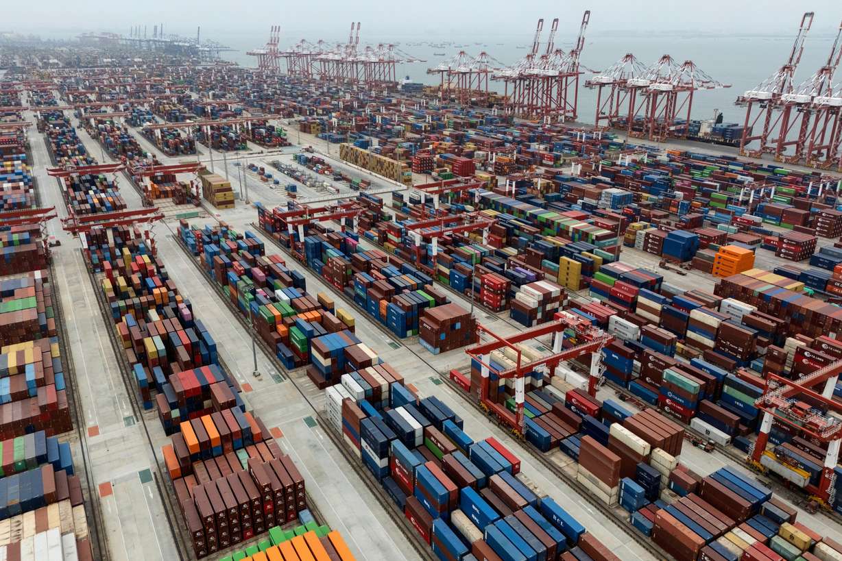 Shipping containers are seen ready for transport at the Guangzhou Port in the Nansha district in southern China's Guangdong province on April 17, 2025.