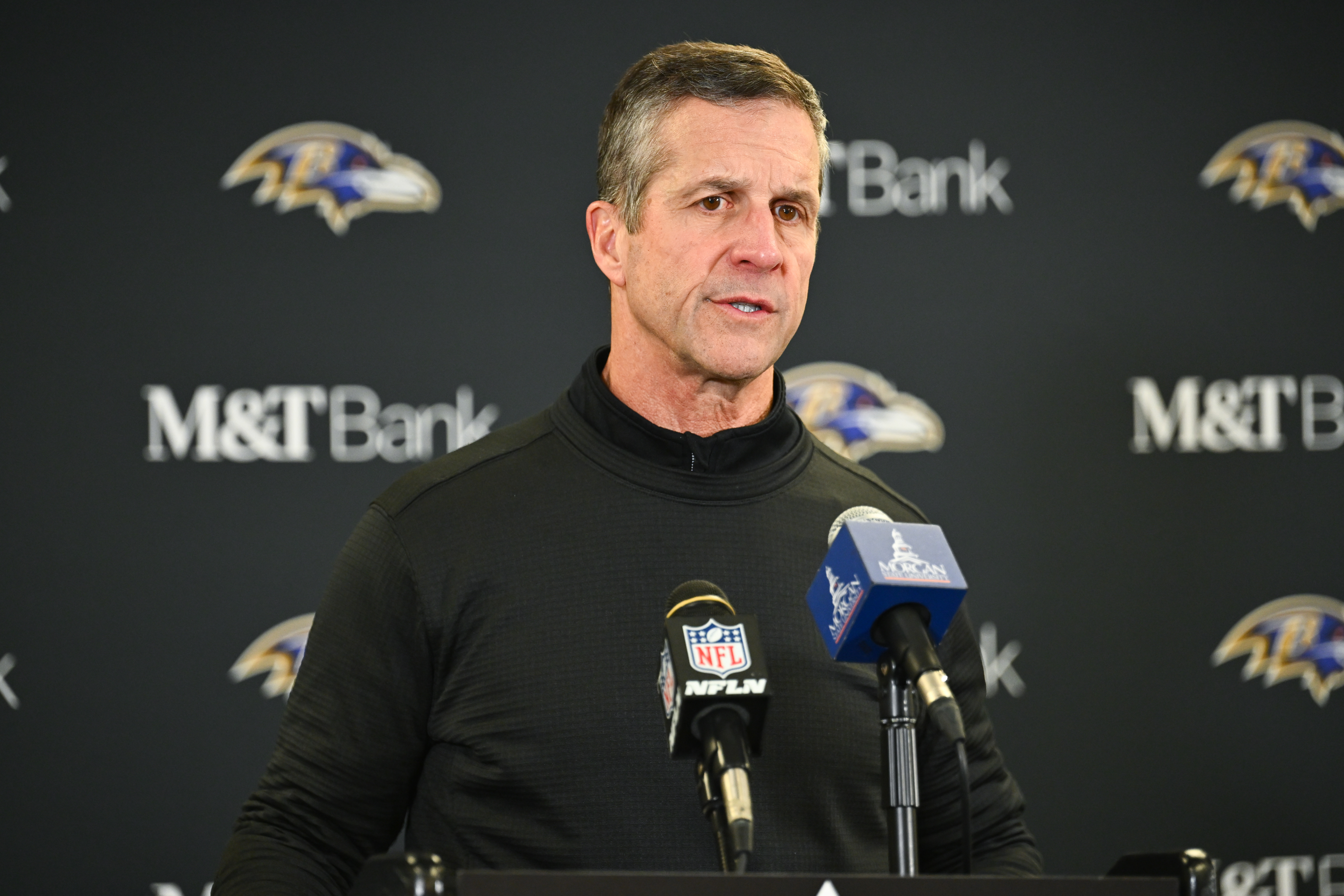 Baltimore Ravens head coach John Harbaugh speaks during a news conference after an NFL football game against the Pittsburgh Steelers, Sunday, Jan. 4, 2026, in Pittsburgh.