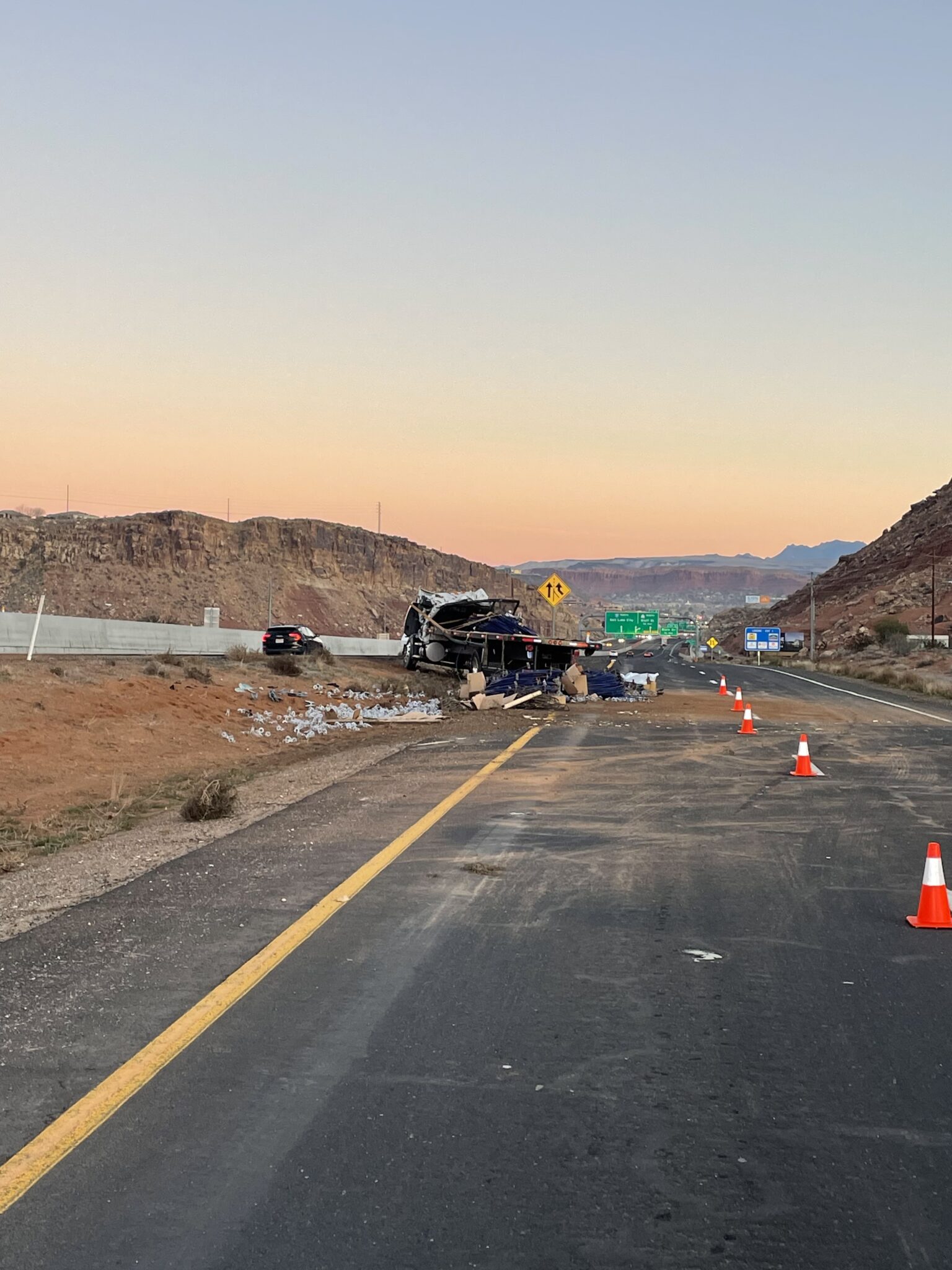 The cab of a commercial truck is crushed from a crash on I-15 in St. George Monday.