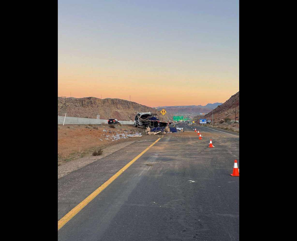 The cab of a commercial truck is crushed from a crash on I-15 in St. George Monday.