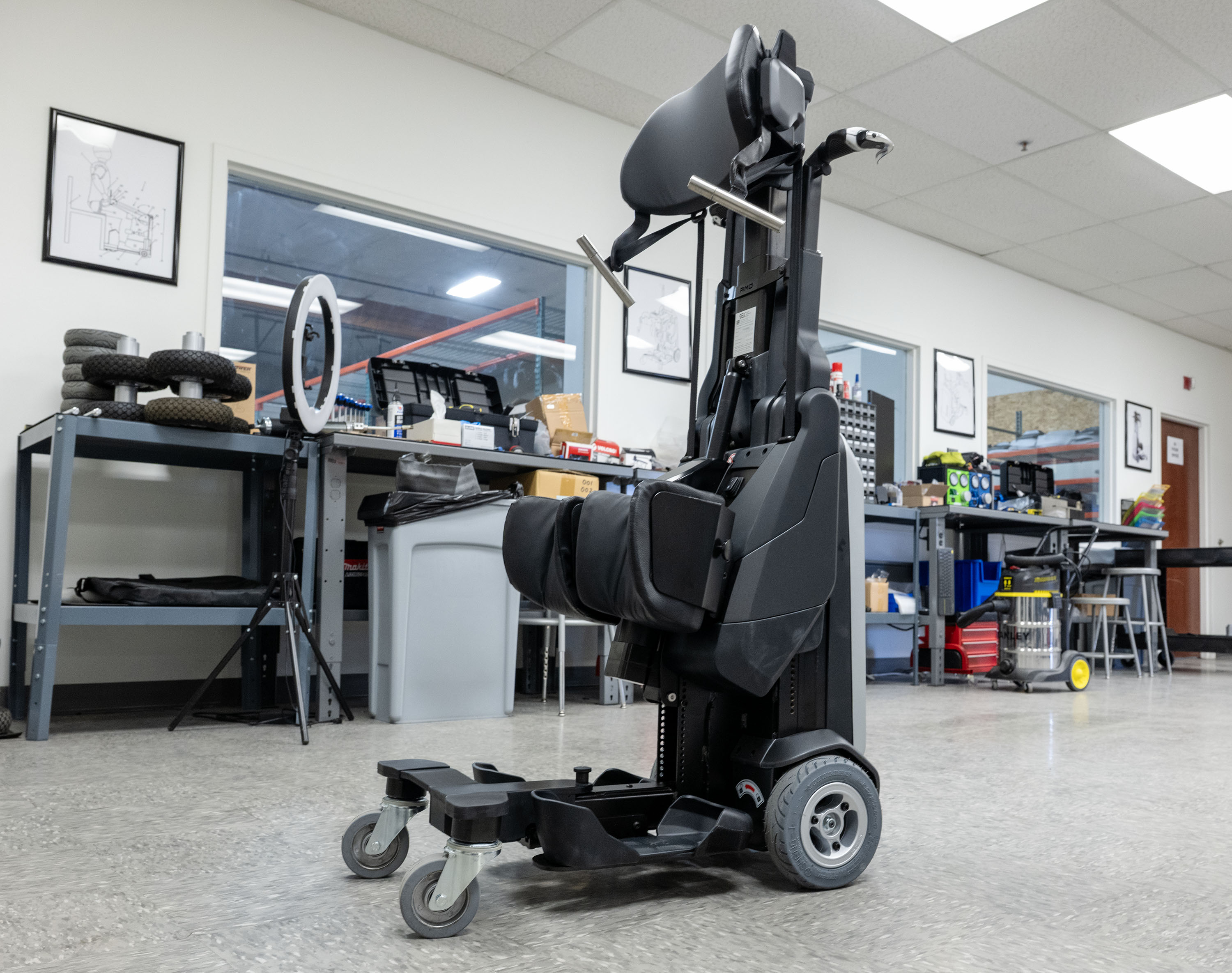 A Tek sits in the assembly area at Matia Mobility's Salt Lake City facility, a manufacturer of robotic standing wheelchairs, on Dec. 30, 2025.