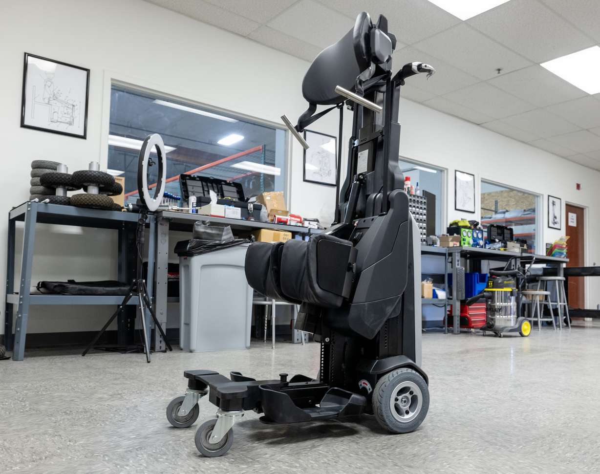 A Tek sits in the assembly area at Matia Mobility's Salt Lake City facility, a manufacturer of robotic standing wheelchairs, on Dec. 30, 2025.