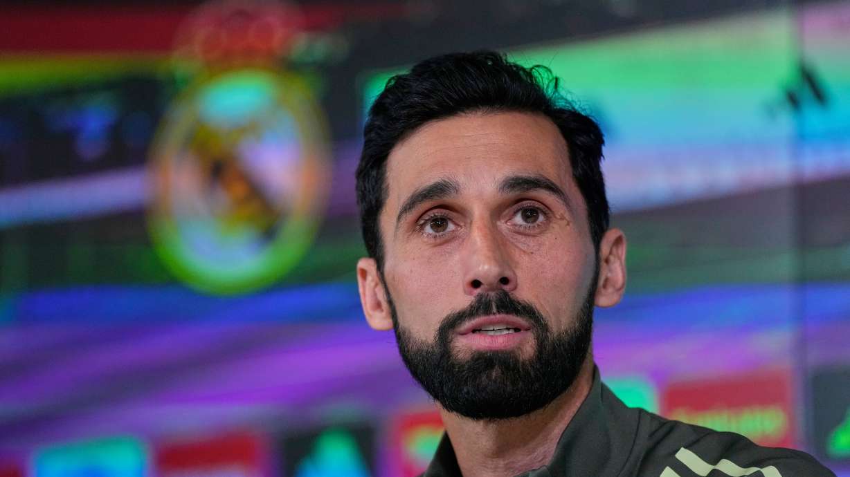 Real Madrid new coach Alvaro Arbeloa attends a press conference at the club's Valdebebas training ground in Madrid, Tuesday, Jan. 13, 2026.