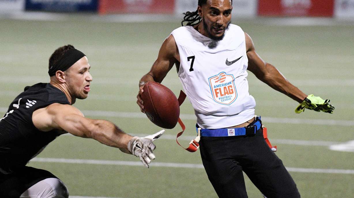 FILE -Fighting Cancer's Darrell Doucette, right, during the American Flag Football League (AFFL) U.S. Open of Football tournament, Saturday, June 30, 2018 in Pittsburgh.