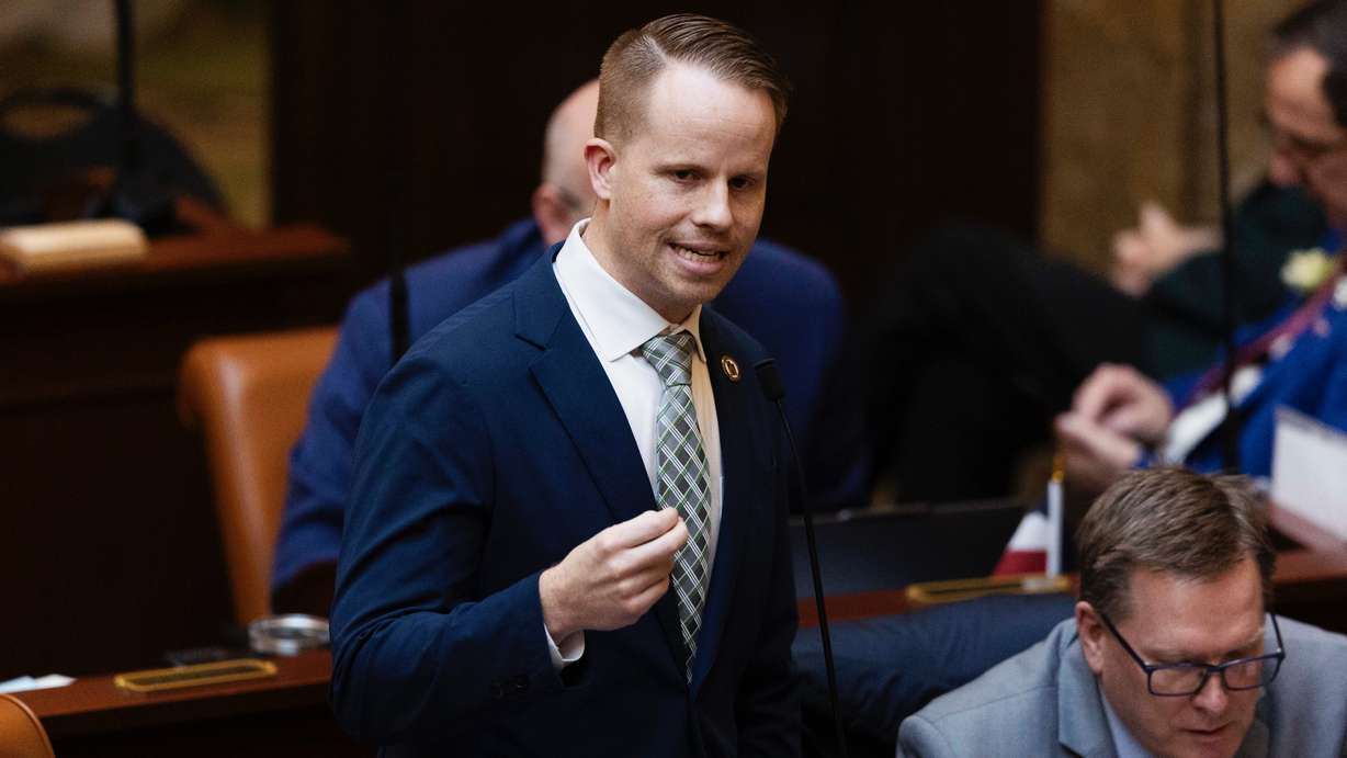Rep. Trevor Lee, R-Layton, speaks at the Capitol in Salt Lake City on Feb. 21, 2025. A construction company says it is owed $165,000 for work done on Lee's new Layton home in 2024.