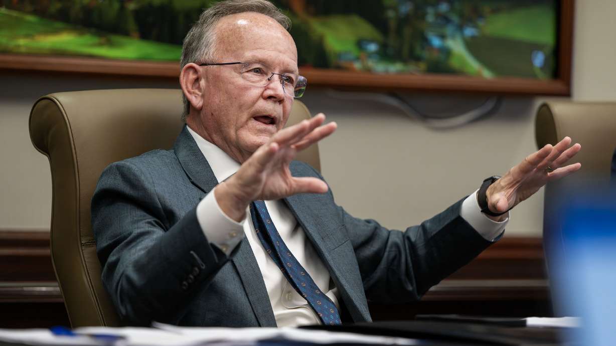 Senate President Stuart Adams, R-Layton, speaks as he and other Senate majority members meet with the KSL and Deseret News editorial boards at the Triad Center in Salt Lake City on Tuesday.