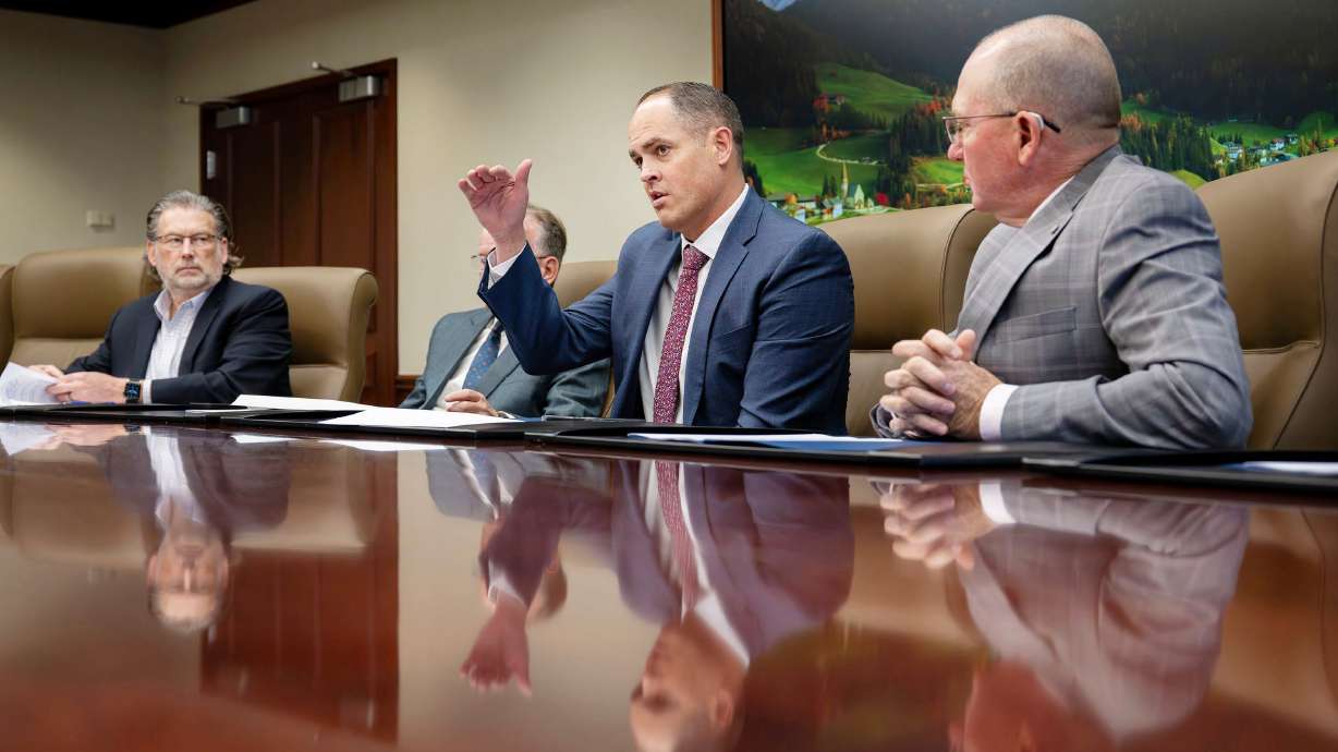 Sen. Mike McKell, R-Spanish Fork, talks as he and other Senate majority members meet with the combined KSL and Deseret News editorial board at the Triad Center in Salt Lake City on Tuesday. Utah Gov. Spencer Cox confirmed on Tuesday his interest in levying a tax against social media companies as part of his campaign to take on Big Tech.