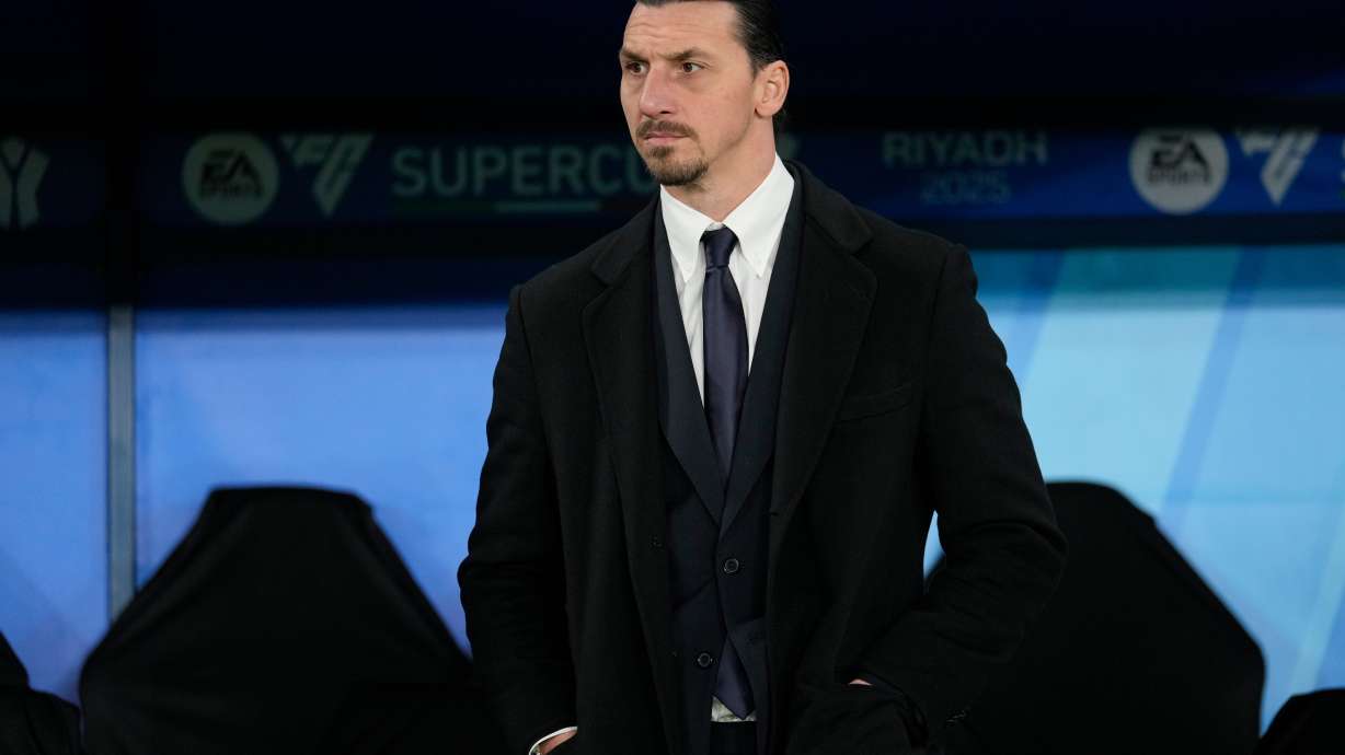 FILE - Former soccer star Zlatan Ibrahimovic stands before the Italian Super Cup semifinal soccer match between Juventus and Milan in Riyadh, Saudi Arabia, Friday, Jan. 3, 2025.