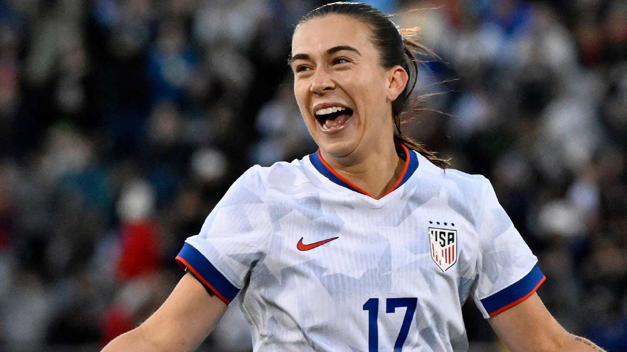 FILE - United States' Sam Coffey (17) celebrates after her goal during the second half of an international friendly women's soccer match against Portugal, Sunday, Oct. 26, 2025, in East Hartford, Conn.