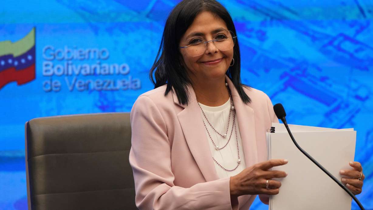 Venezuelan Vice President Delcy Rodriguez smiles during a press conference at the Miraflores presidential palace in Caracas Venezuela, Nov. 18, 2024.