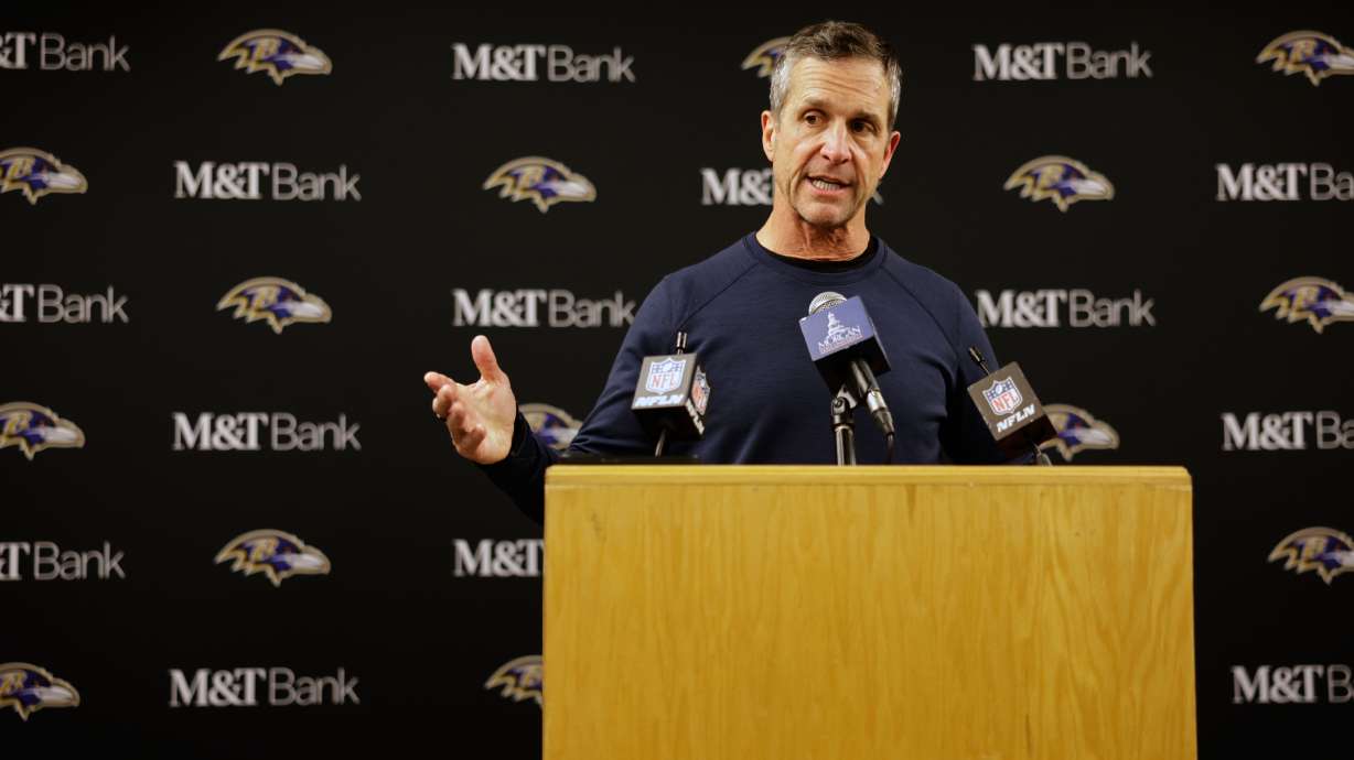 Baltimore Ravens head coach John Harbaugh speaks during a press conference after an NFL football game against the Green Bay Packers, Saturday, Dec. 27, 2025, in Green Bay, Wis.