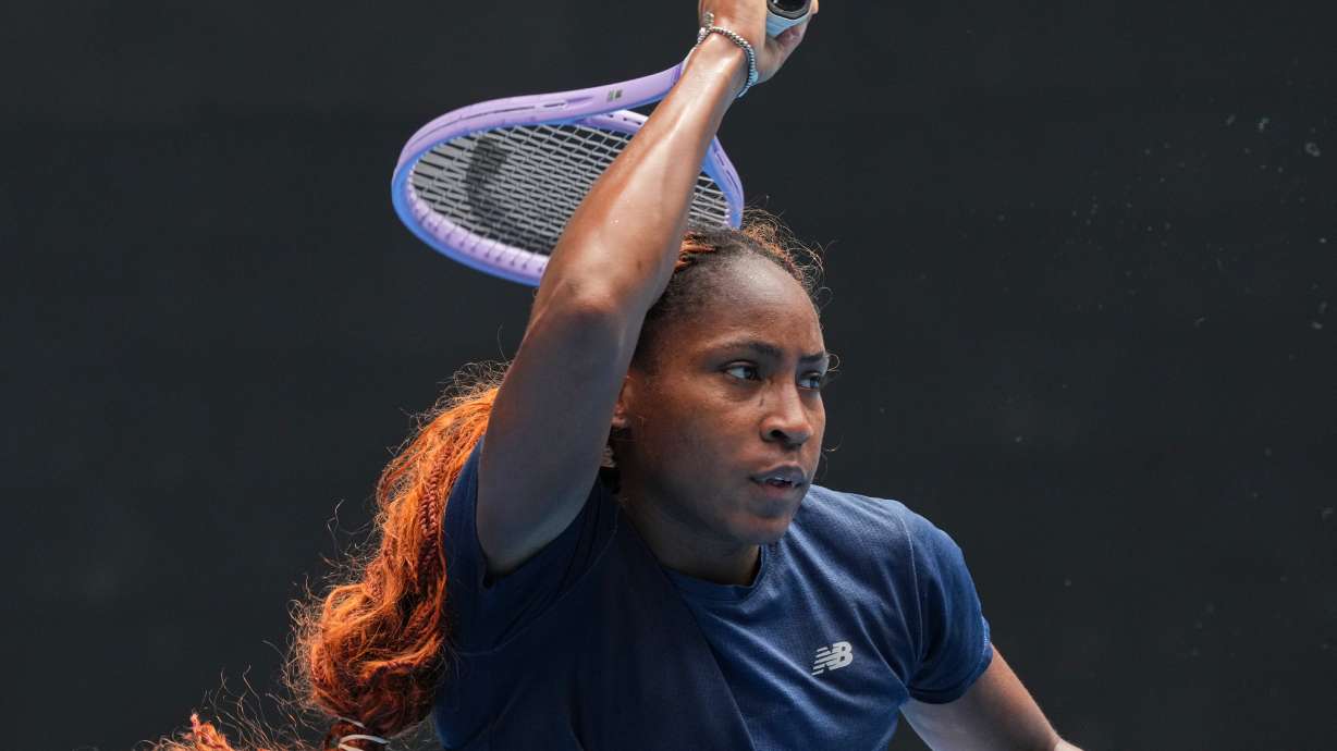 Coco Gauff of the United States plays a forehand return during a practice session ahead of the Australian Open tennis championship in Melbourne, Australia, Thursday, Jan. 15, 2026.