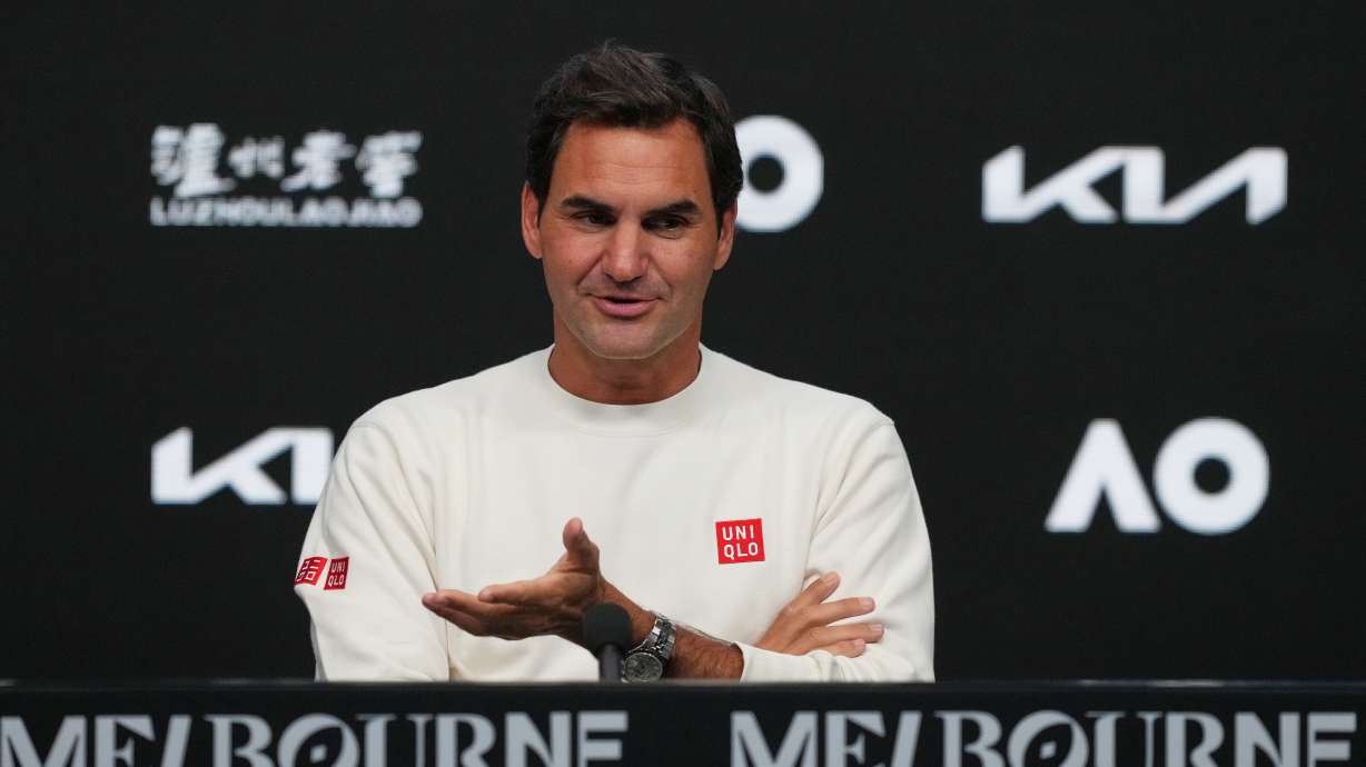 Roger Federer of Switzerland gestures during a press conference ahead of the Australian Open tennis championship in Melbourne, Australia, Thursday, Jan. 15, 2026.