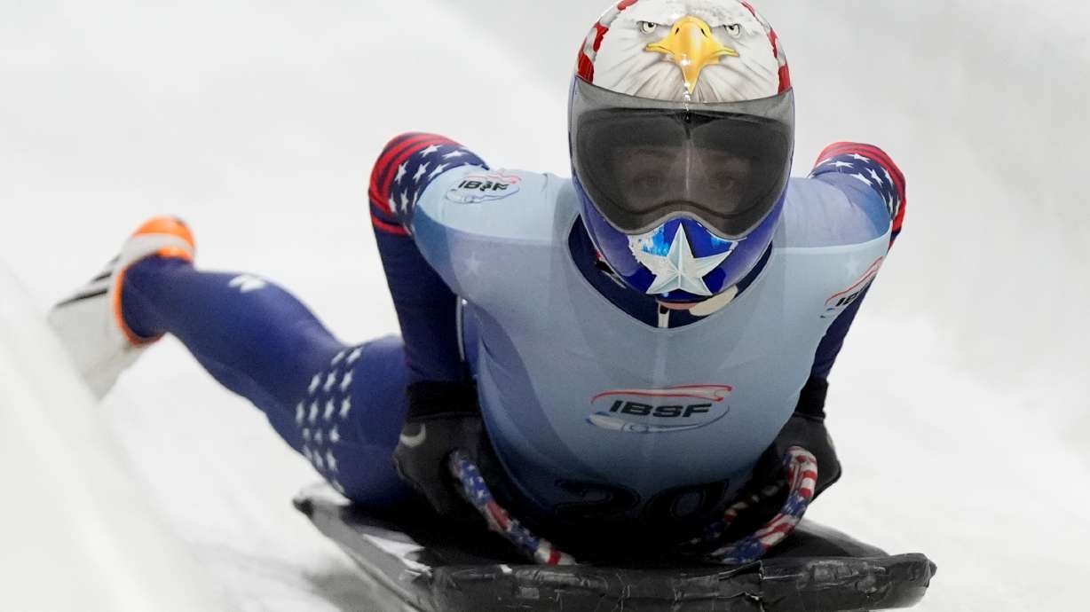 FILE - Katie Uhlaender, of the United States, slides during fourth run at the skeleton world championships, Friday, March 7, 2025, in Lake Placid, N.Y.