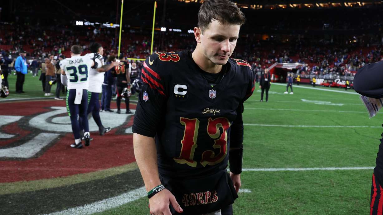 San Francisco 49ers quarterback Brock Purdy (13) walks off the field after an NFL football game against the Seattle Seahawks in Santa Clara, Calif., Saturday, Jan. 3, 2026.