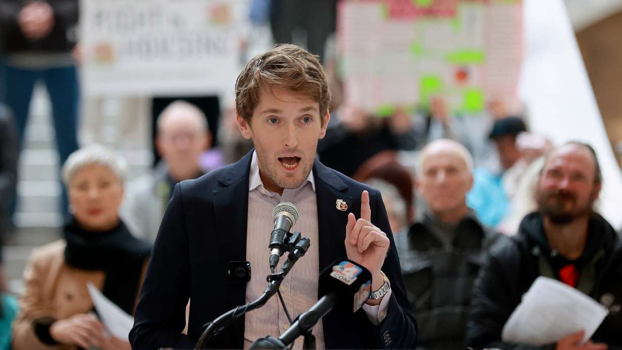 Sen. Nate Blouin, D-Salt Lake City, speaks at a rally for Housing and Services to End Homelessness at the Capitol in Salt Lake City on Thursday.