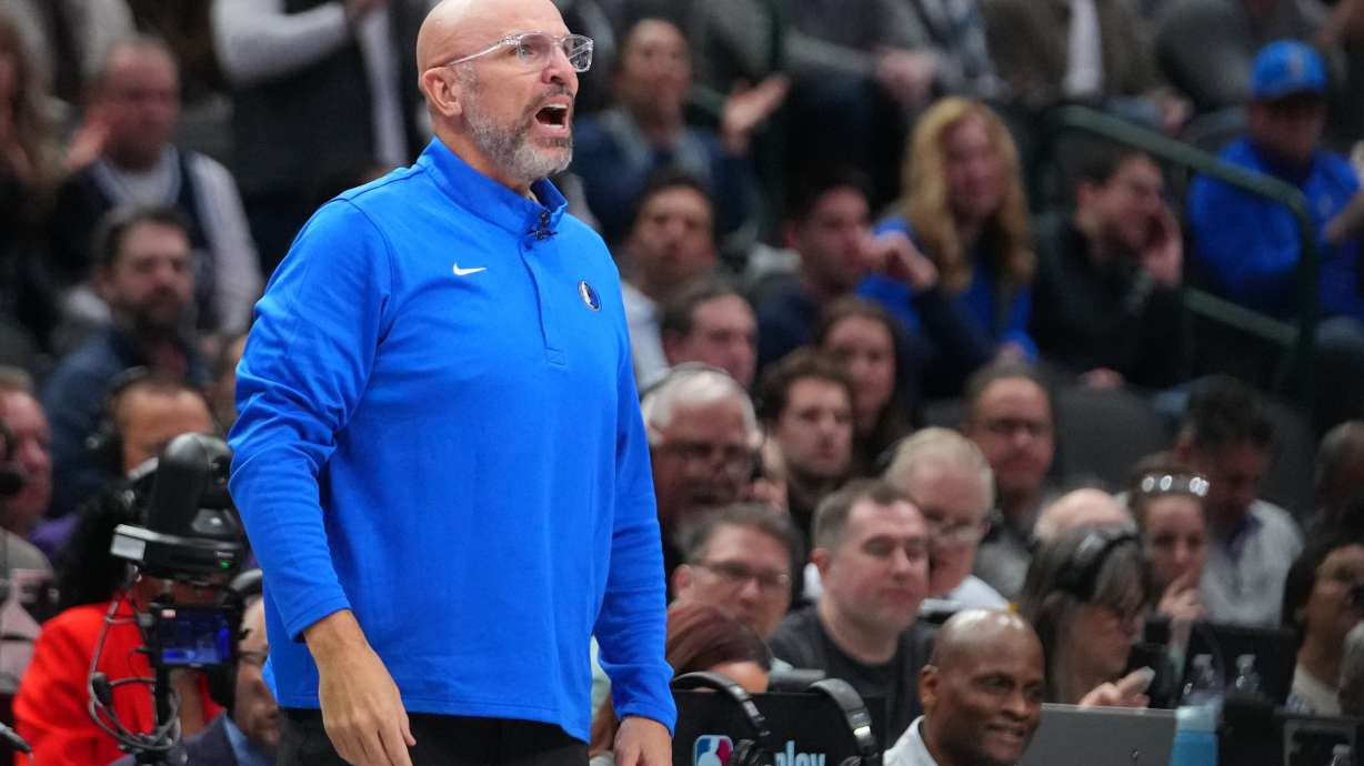Dallas Mavericks head coach Jason Kidd reacts during the second half of an NBA basketball game against the Denver Nuggets Wednesday, Jan. 14, 2026, in Dallas.