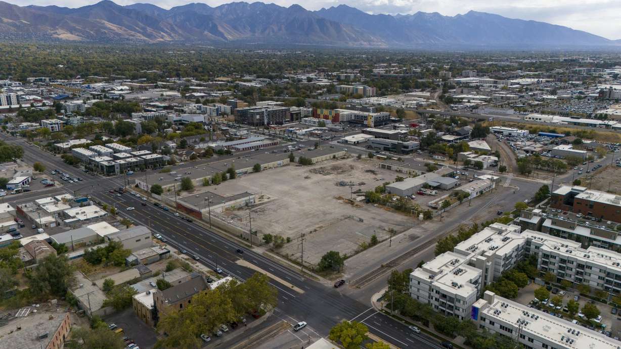 An aerial photo of the old Salt Lake City Fleet Block space between 300 West and 400 West and 800 South and 900 South. A new public art piece will be located within its southeast corner.