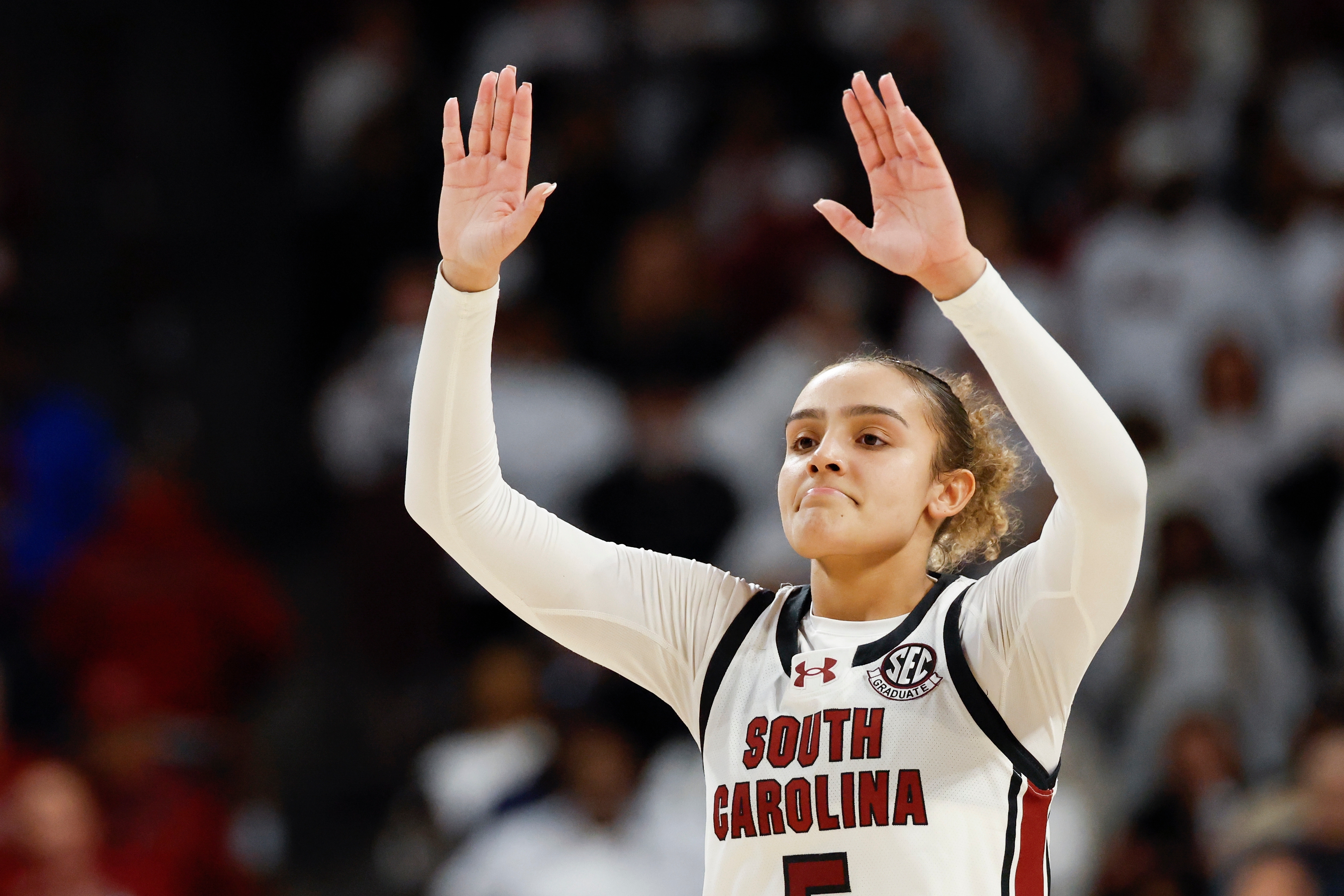 South Carolina guard Tessa Johnson celebrates in the closing seconds of the second half as her team beats Texas in an NCAA college basketball game in Columbia, S.C., Thursday, Jan. 15, 2026.
