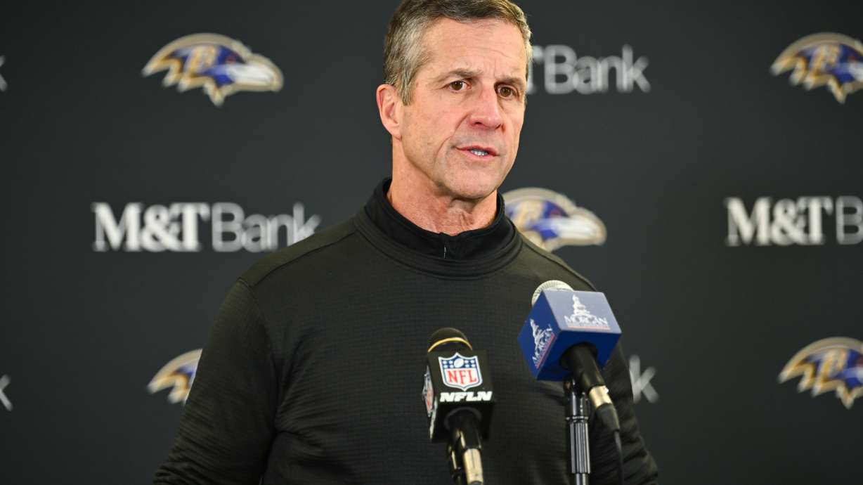 Baltimore Ravens head coach John Harbaugh speaks during a news conference after an NFL football game against the Pittsburgh Steelers, Sunday, Jan. 4, 2026, in Pittsburgh.