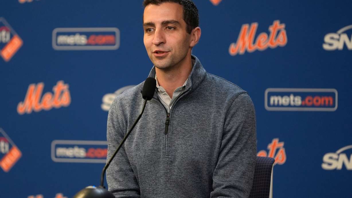 FILE - New York Mets President of Baseball Operations David Stearns responds to questions during a news conference about MLB trade deadline deals, Tuesday, July 30, 2024, in New York.