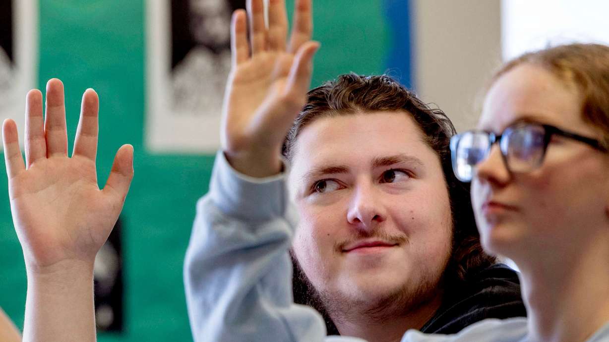 Braden Metcalf and Brynn Smallwood attend a concurrent enrollment English class at Jordan High School in Sandy on Thursday. Utah high schoolers are earning college credits in record numbers, a new report showed.