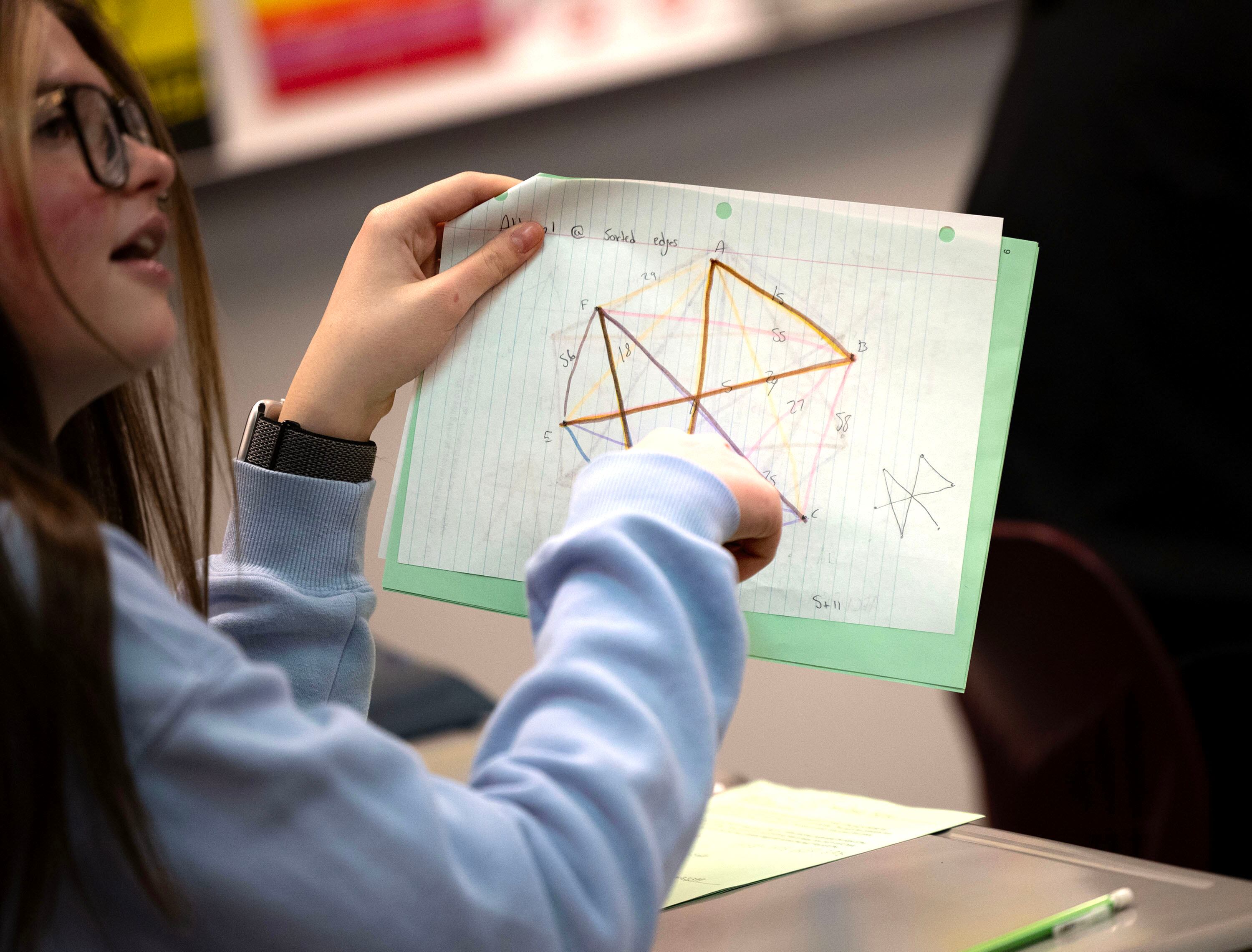 Aubrielle Smith works on graph theory in a Math 1030 class, a concurrent enrollment class, at Jordan High School in Sandy on Thursday. The Utah State Board of Education is continuing to track progress of Utahns' math literacy through the Math Competency Initiative.