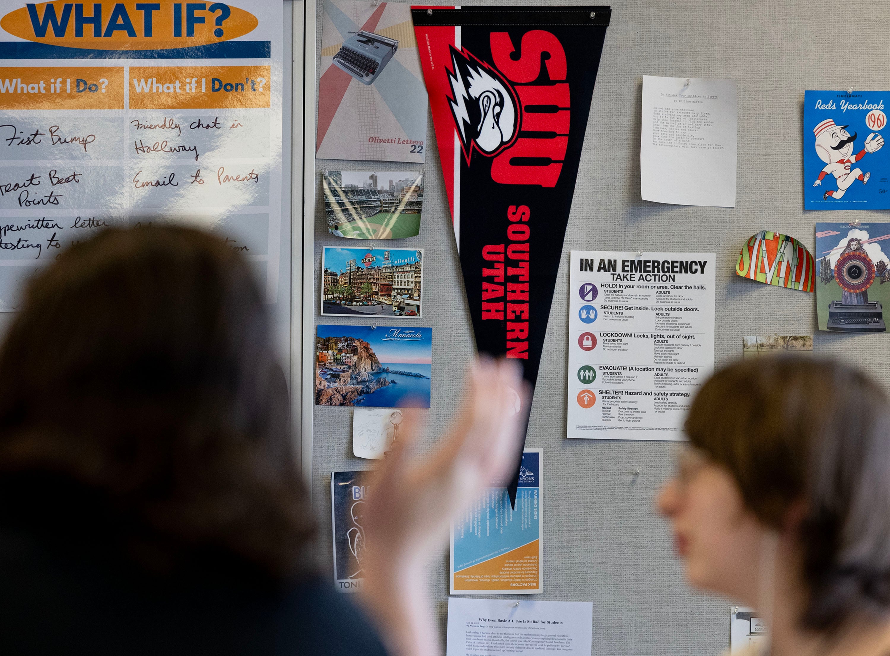 A Southern Utah University pennant hangs in a concurrent enrollment English class at Jordan High School in Sandy on Thursday. Concurrent enrollment numbers are at record highs, according to the Utah State Board of Education.