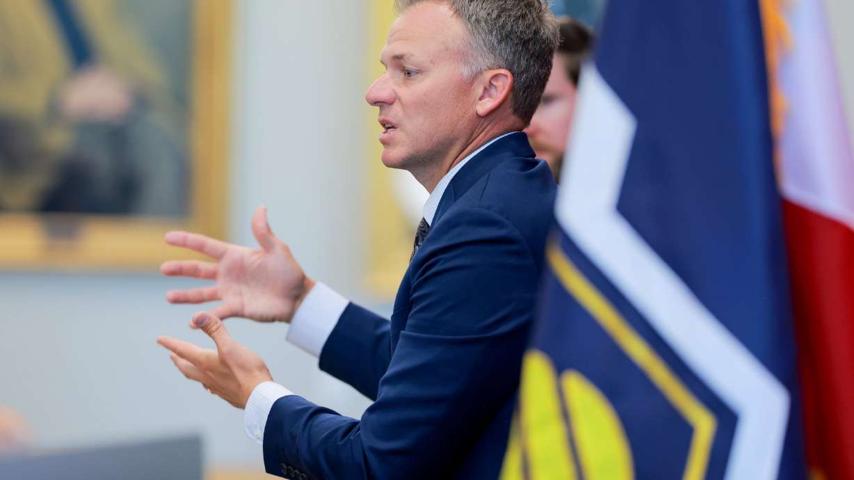 Rep. Blake Moore speaks at a Sutherland Institute congressional series event at the Hinckley Institute of Politics at the University of Utah in Salt Lake City on Aug. 18, 2025.