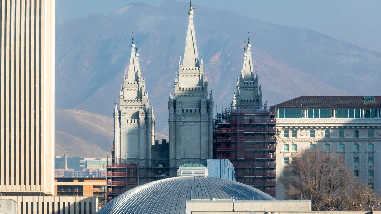 Scaffolding partially covers the Salt Lake Temple on Friday. The last of the exterior scaffolding is expected to be removed by mid-March as a lengthy temple renovation project nears its end, The Church of Jesus Christ of Latter-day Saints said.