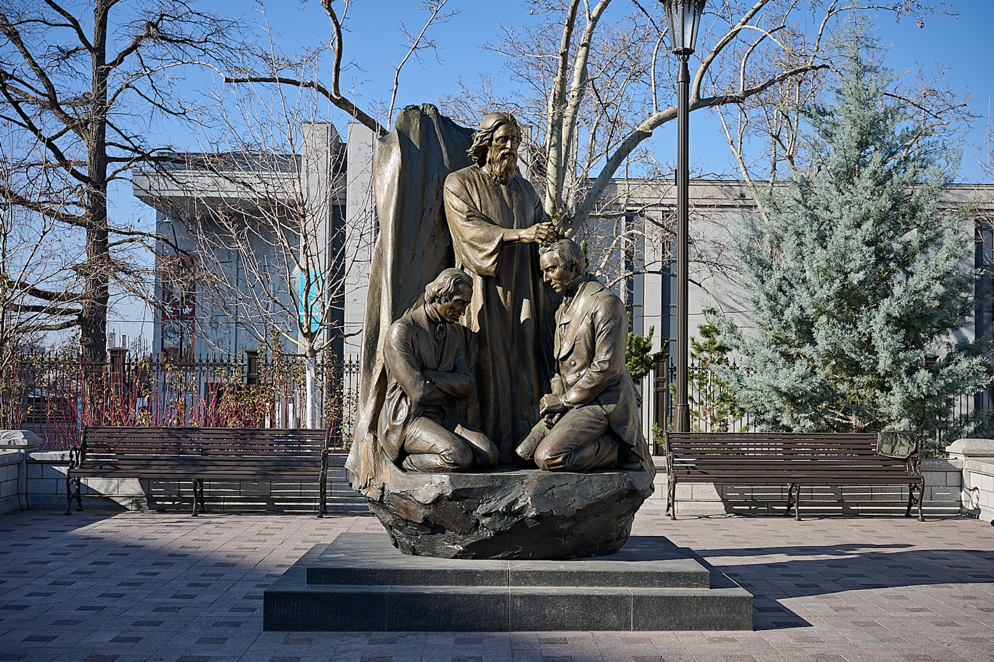 The Restoration of the Sealing Keys statue is installed on the northwest quadrant of Temple Square in Salt Lake City on Thursday.