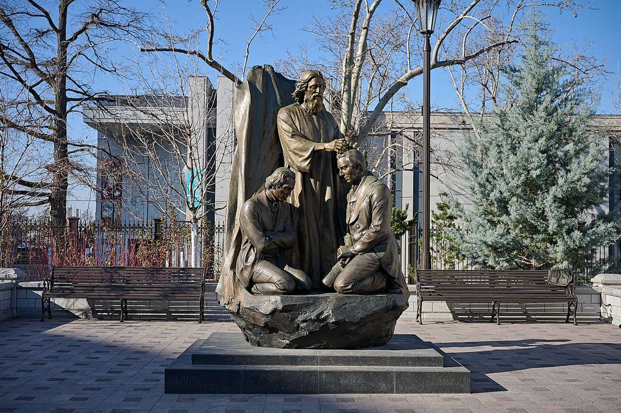 The Restoration of the Sealing Keys statue is installed on the northwest quadrant of Temple Square in Salt Lake City on Thursday.