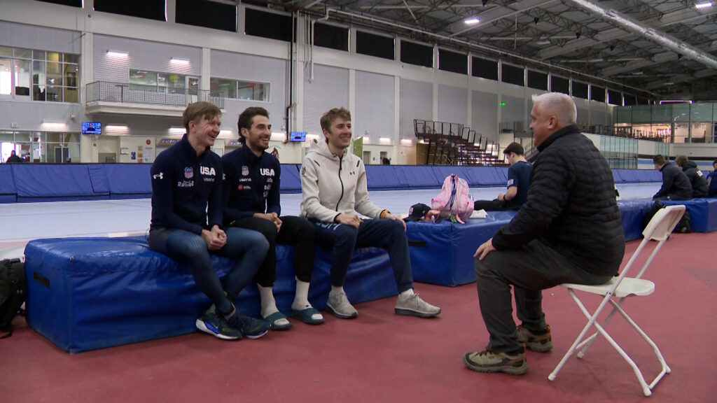 Ethan Cepuran, Emery Lehman, and Casey Dawson sit down with KSL-TV's Alex Cabrero at the Utah Olympic Oval in Kearns, Thursday. The trio have trained together for the last eight years.