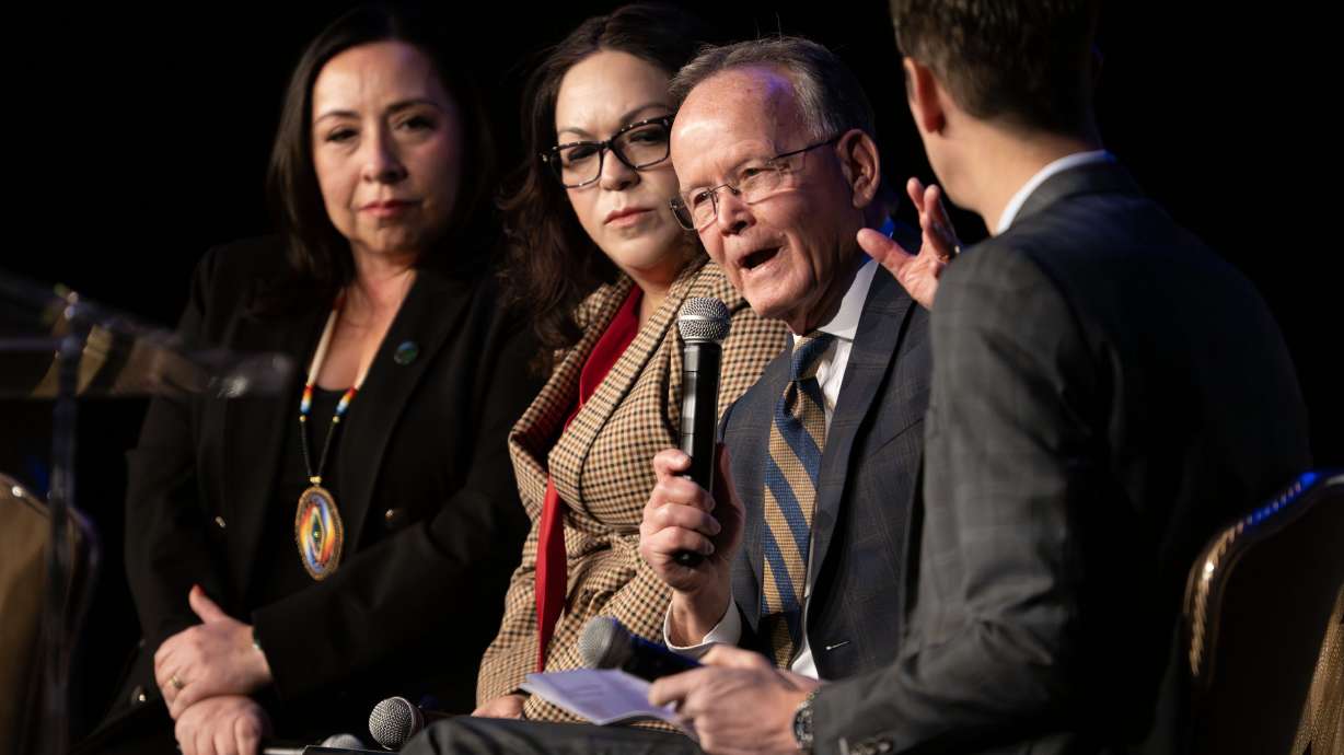 Senate President Stuart Adams, R-Layton, House Minority Leader Angela Romero, Senate Minority Leader Luz Escamilla, and Utah House Speaker Mike Schultz at the 2026 Utah Economic Outlook & Public Policy Summit in Salt Lake City on Friday.