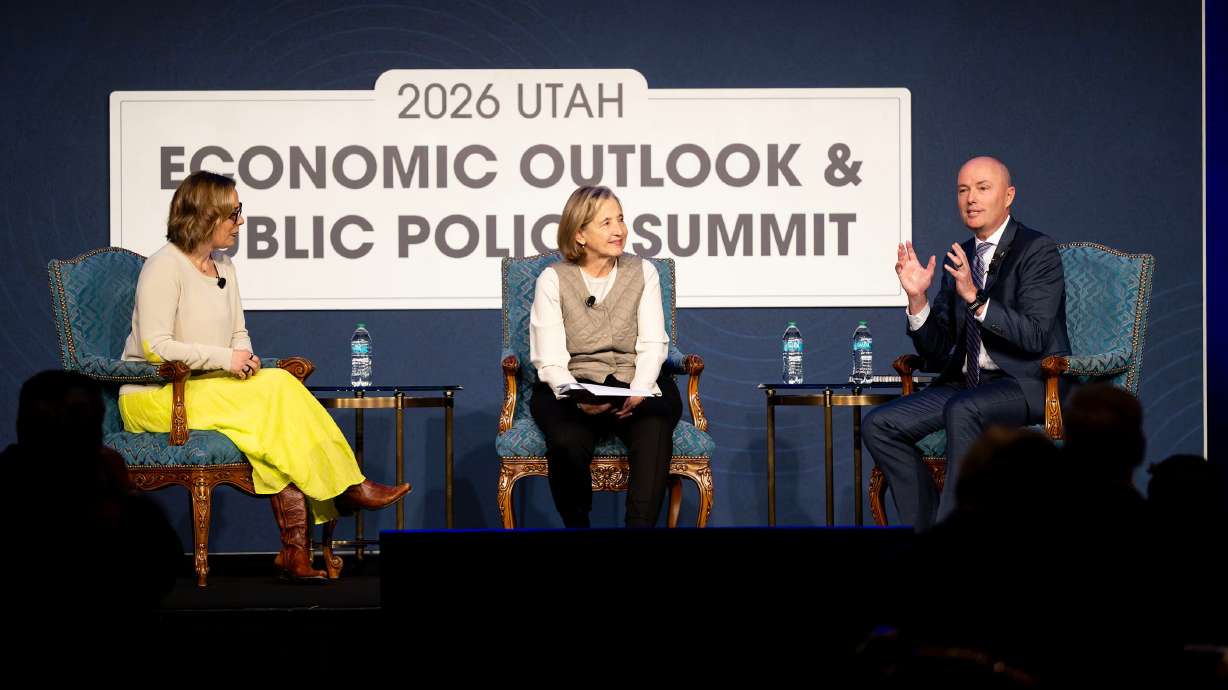 Former Arizona Sen. Kyrsten Sinema, economist Natalie Gochnour and Utah Gov. Spencer Cox discuss the state's economy at the 2026 Utah Economic Outlook & Public Policy Summit at the Grand America in Salt Lake City on Jan. 16.
