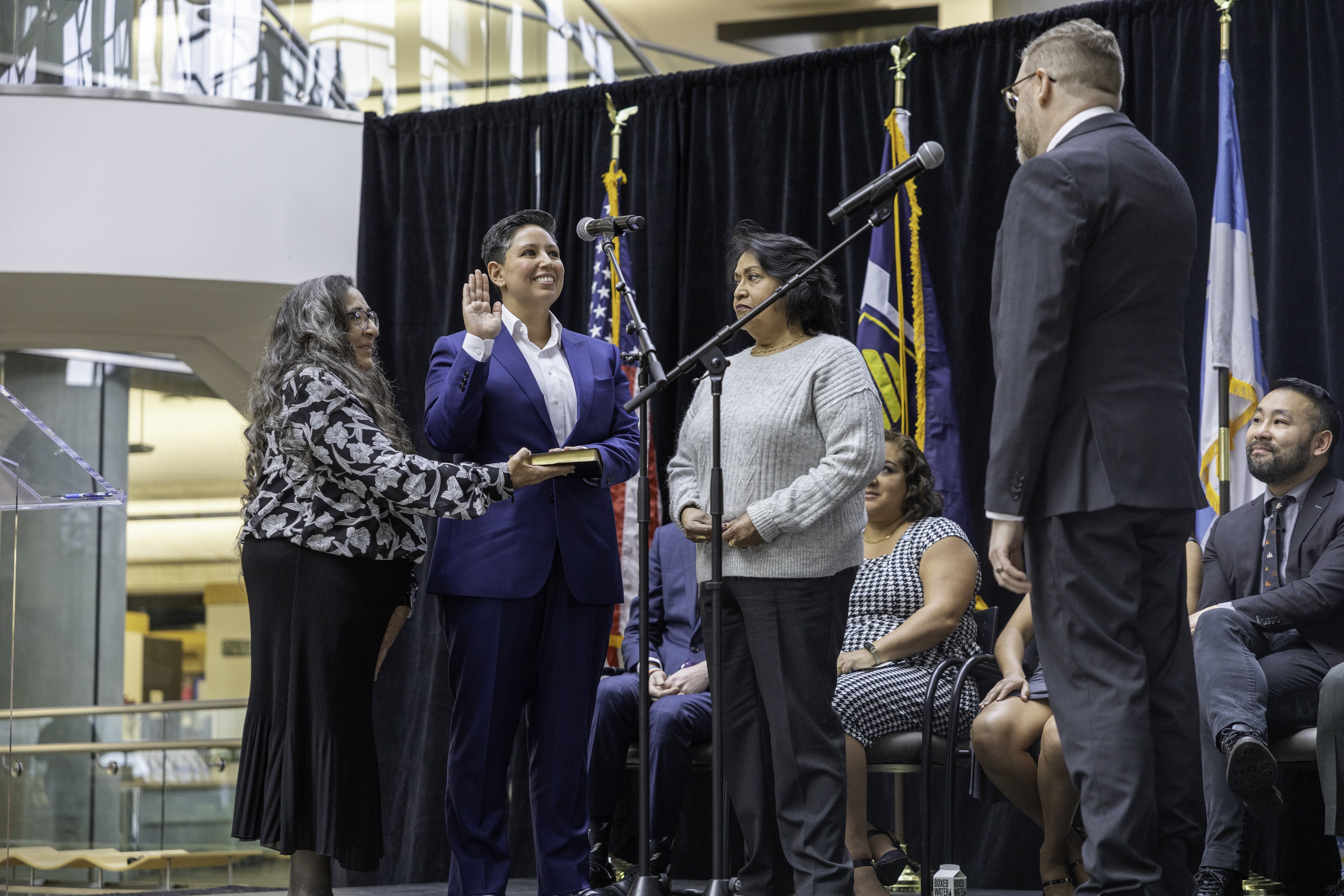 Erika Carlsen, center, was sworn in as a new member of the Salt Lake City Council on Jan. 5 and several other Latinos took office, marking a step forward in representation for Utah's Latino community.