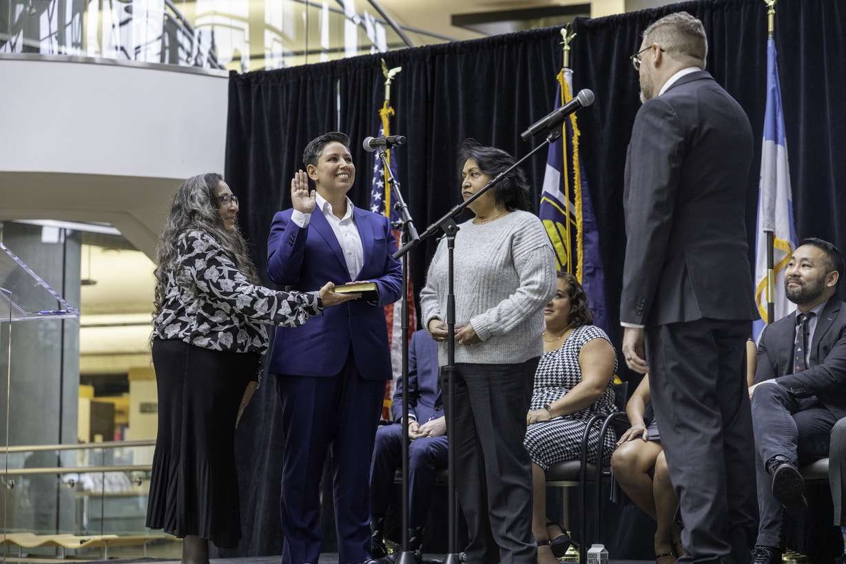 Erika Carlsen, center, was sworn in as a new member of the Salt Lake City Council on Jan. 5 and several other Latinos took office, marking a step forward in representation for Utah's Latino community.