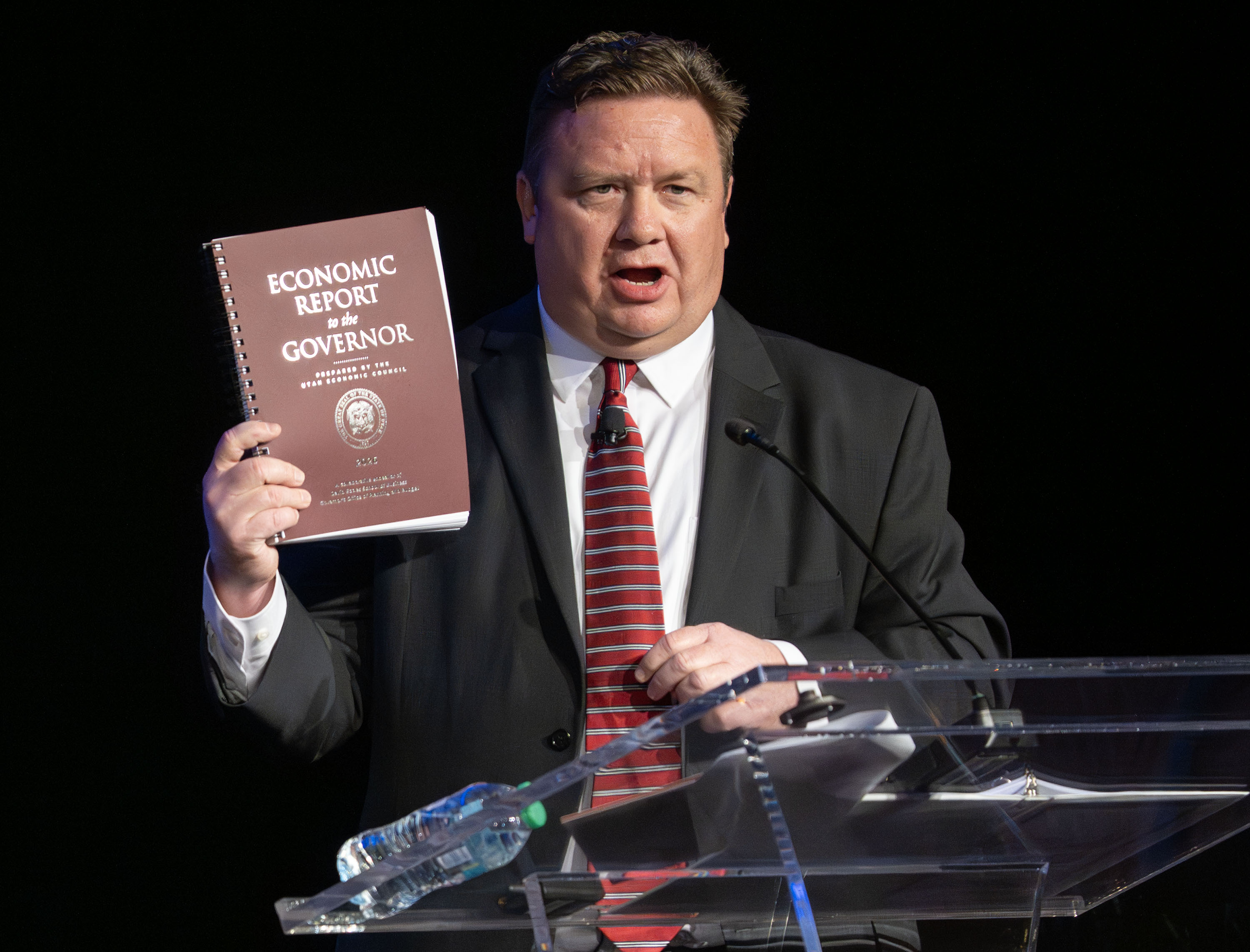 Phil Dean, chief economist co-chairman for the Utah Economic Council, speaks at the 2026 Utah Economic Outlook & Public Policy Summit at Grand America in Salt Lake City on Friday. Dean pointed to lower home ownership as an area of concern.