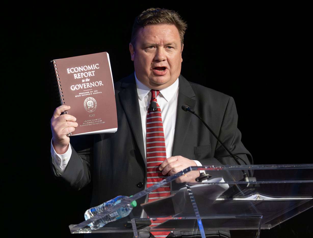 Phil Dean, chief economist co-chairman for the Utah Economic Council, speaks at the 2026 Utah Economic Outlook & Public Policy Summit at Grand America in Salt Lake City on Friday. Dean pointed to lower home ownership as an area of concern.