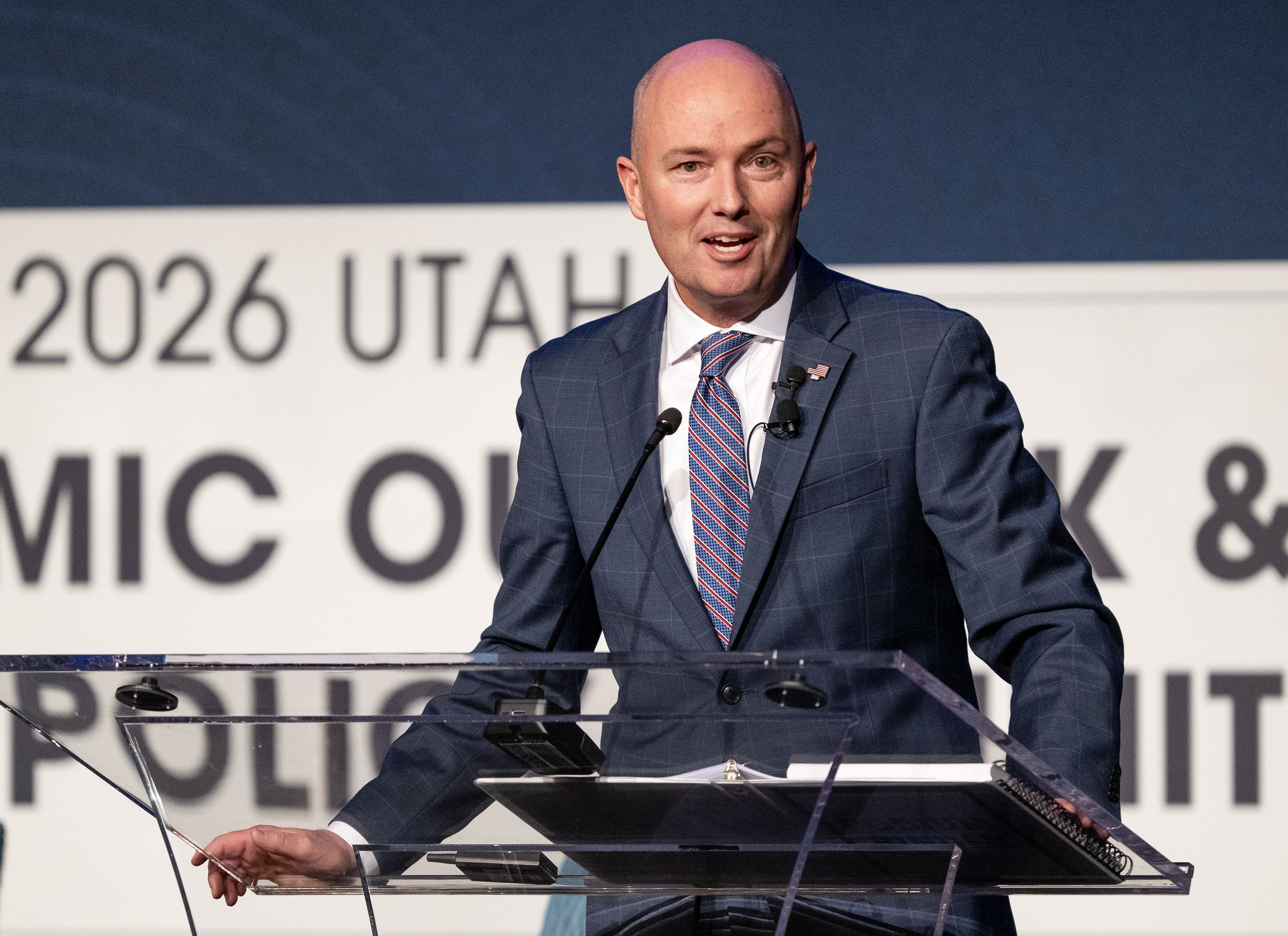 Gov. Spencer Cox speaks while at the 2026 Utah Economic Outlook & Public Policy Summit at the Grand America Hotel in Salt Lake City on Jan. 16. Cox talked about the emergence and moderation of artificial intelligence.