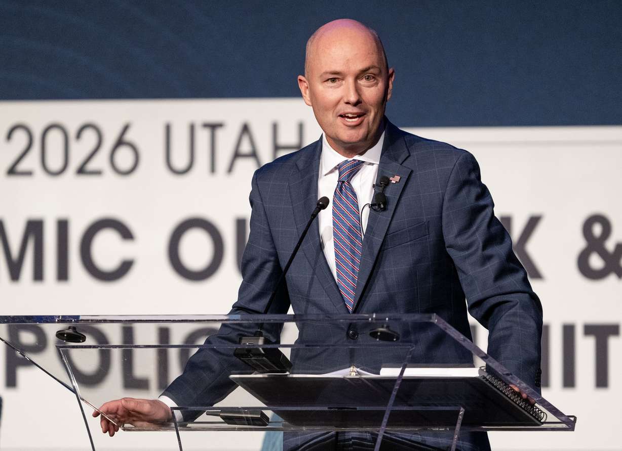 Gov. Spencer Cox speaks while at the 2026 Utah Economic Outlook & Public Policy Summit at the Grand America Hotel in Salt Lake City on Jan. 16. Cox talked about the emergence and moderation of artificial intelligence.