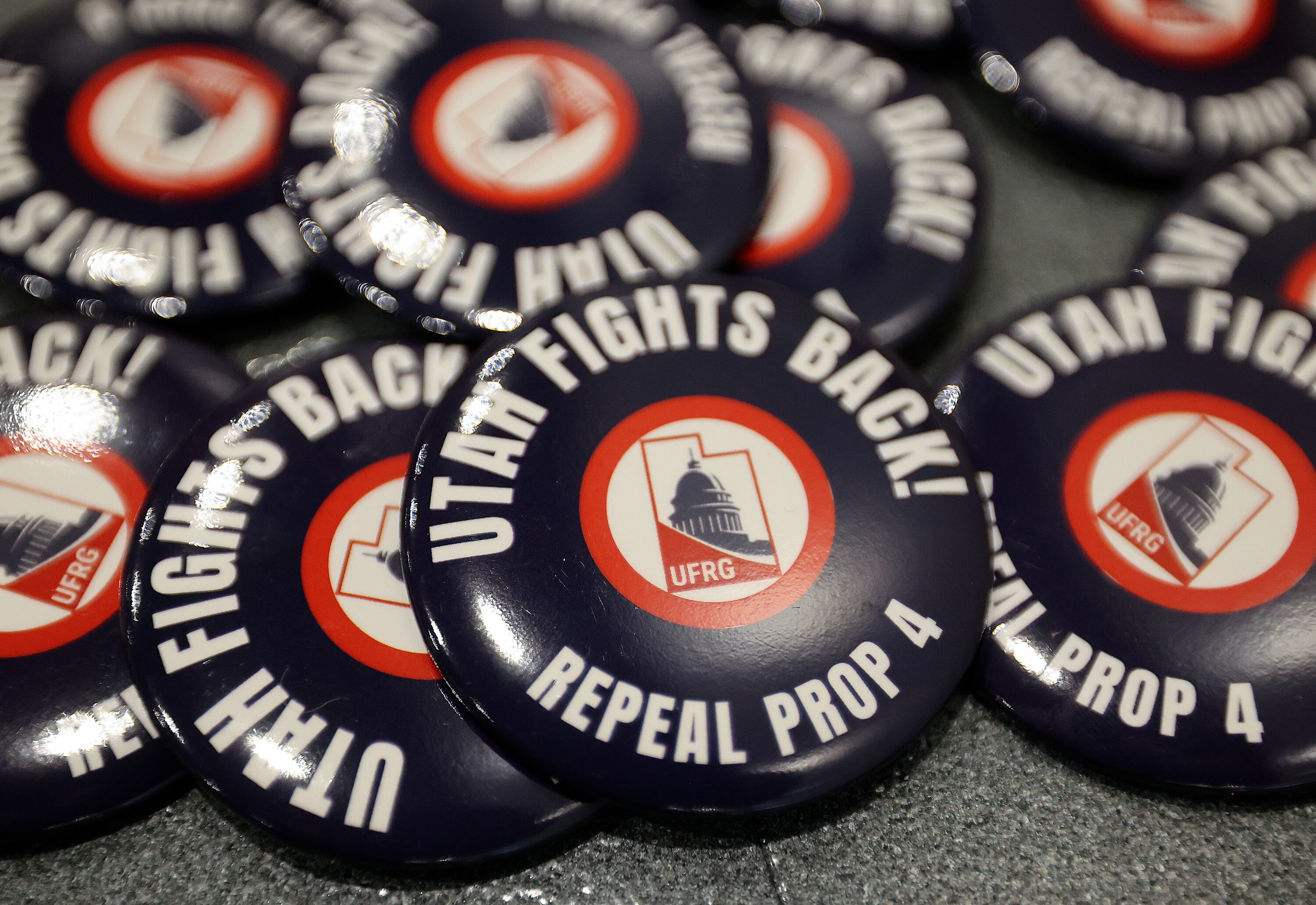 Pins that read "Utah Fights Back!" are pictured at the Weber County Fights Back Rally with Scott Presler at the Roy Library in Roy on Friday, Jan. 16, 2026.