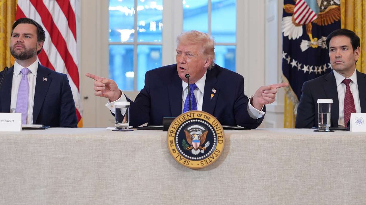 President Donald Trump speaks during a meeting with oil executives in the East Room of the White House, Friday, Jan. 9, 2026, in Washington, as Vice President JD Vance and Secretary of State Marco Rubio listen.