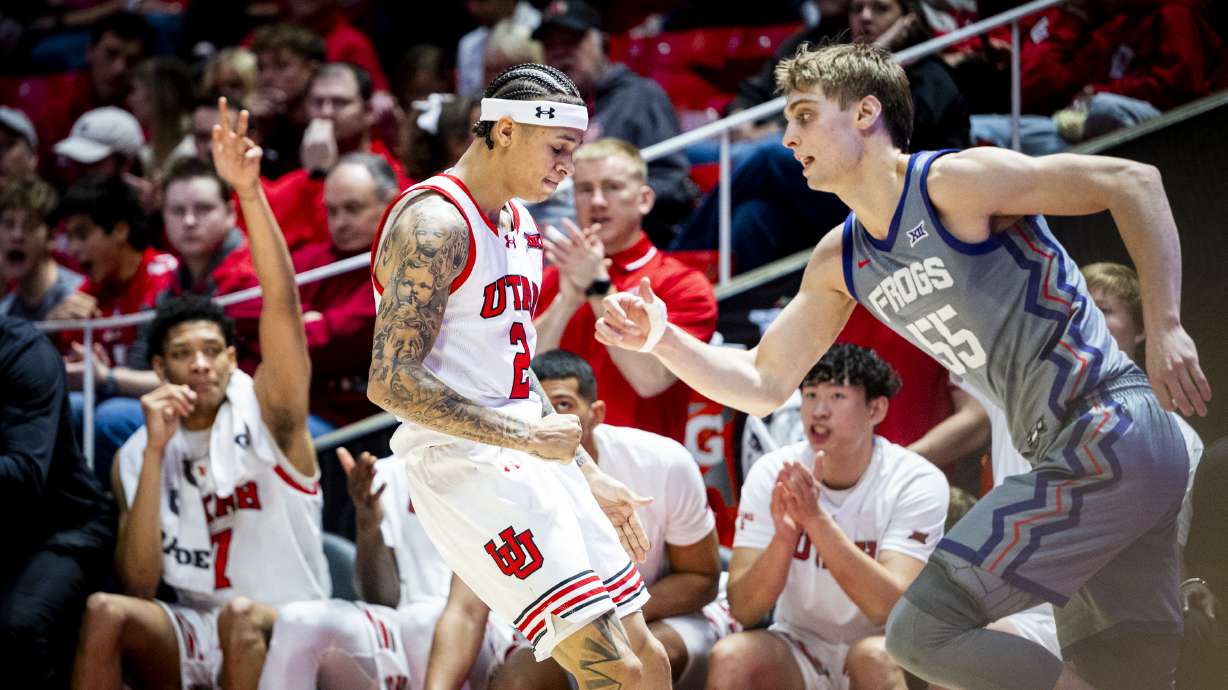 Utah guard Terrence Brown (2) celebrates his made three-pointer against the TCU Horned Frogs during an NCAA men’s basketball game held at the Jon M. Huntsman Center in Salt Lake City on Saturday, Jan. 17, 2026.